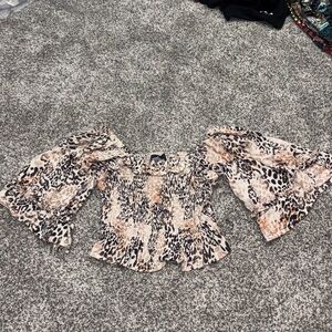 Angie Beige and Black Leopard Smocked Off-Shoulder Crop Top